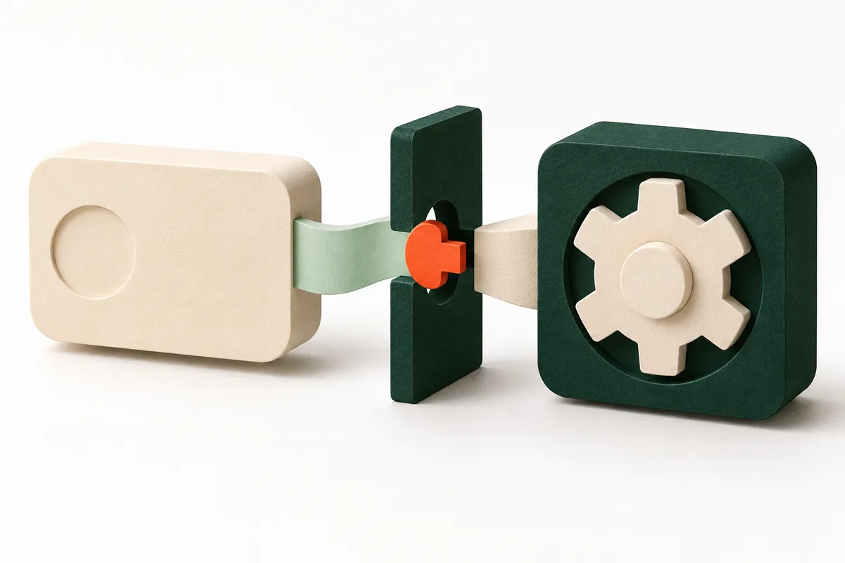 Conceptual illustration: a request passes an orange checkpoint in a green boundary before reaching a gear.