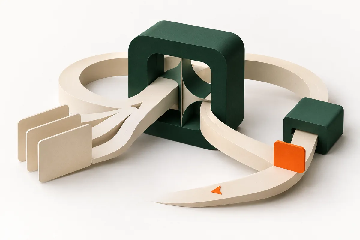 Conceptual illustration: paper ribbons loop through a green frame and return, suggesting an agent's repeated cycle.