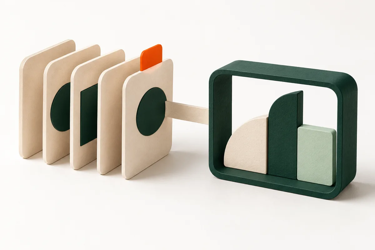 Conceptual illustration: a row of stored cards, one tagged orange, feeds a single item into a green frame of current context.